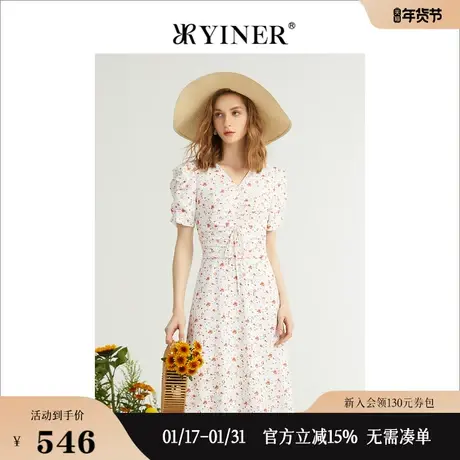YINER音儿女装夏季法式碎花V领连衣裙白色收腰a字裙图片