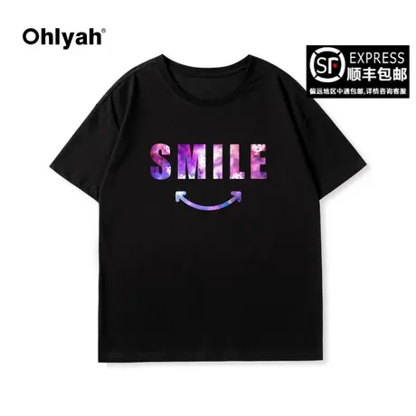 Ohlyah春夏新款涂鸦英文笑脸印花短袖t恤男女款美式无性别情侣t商品大图