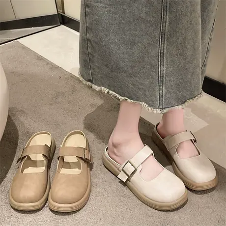 包头半拖鞋女外穿2024年新款复古一字扣浅口单鞋平底通勤穆勒鞋潮商品大图