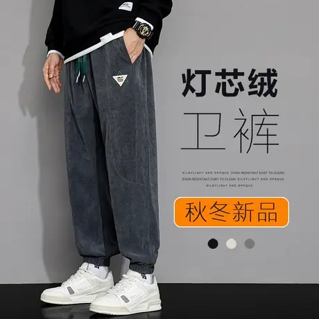 秋冬款日系港风宽松紧腰束脚卫裤秋季男款灯绒芯休闲裤子秋天运动图片