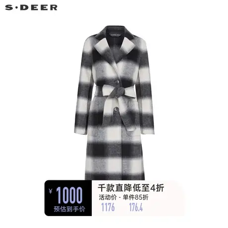 sdeer圣迪奥女装西装领格纹收腰双面呢长款大衣S234Z2510图片
