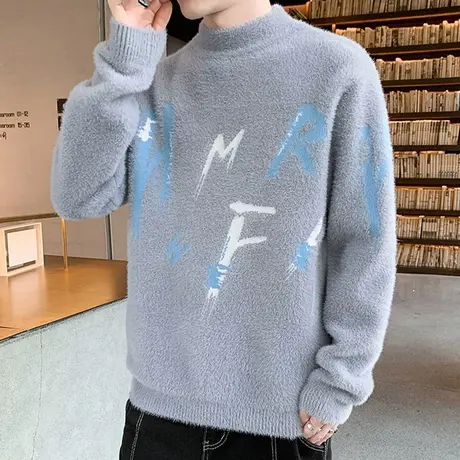 半高领毛衣男士秋冬季加绒加厚仿水貂绒针织衫宽松青少年保暖线衣商品大图