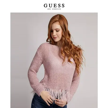 GUESS秋季女士一字领落肩羽毛镂空意大利进口针织衫-W1BR16Z2W50图片