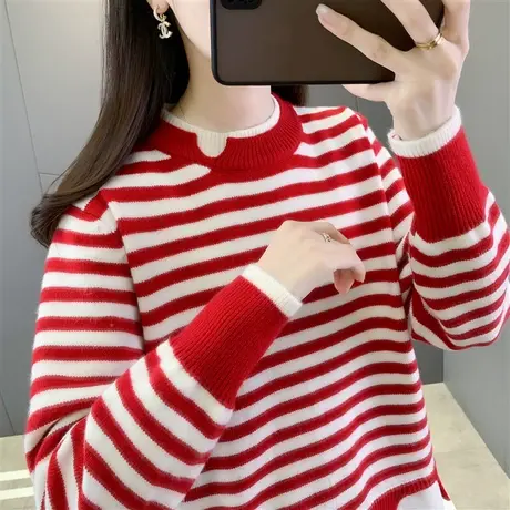 本命年设计感假两件红色毛衣女秋冬宽松外穿新款洋气显瘦打底上衣图片