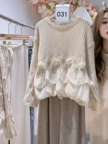 2023早秋新款韩版宽松木耳边针织衫奶系小众设计感山茶花套头毛衣商品大图