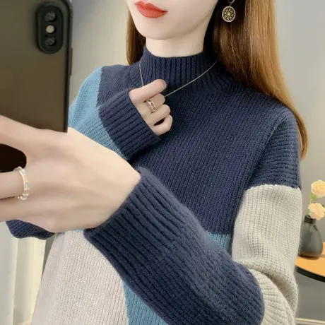 2023年冬新款半高领宽松外穿拼色毛衣女针织衫打底女长袖上衣女潮图片