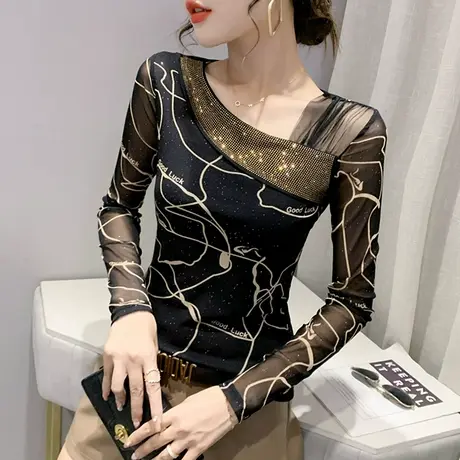 女装2023新款潮时尚烫钻长袖T恤洋气网纱上衣紧身打底衫女春秋潮商品大图