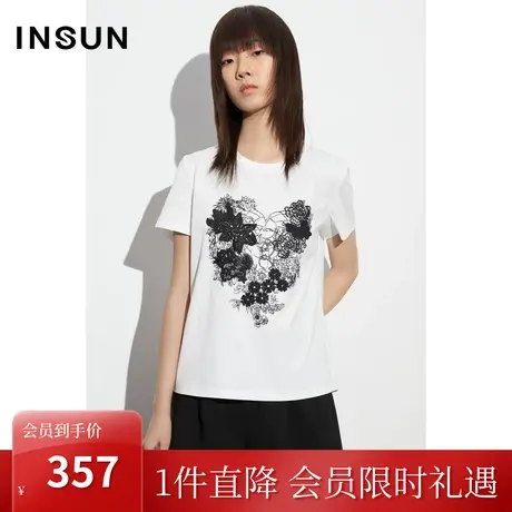 恩裳COVER2023年夏季新款双面丝光棉简约时尚重工绣花印花短袖T恤图片