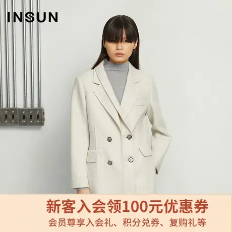 恩裳商场同款冬季时尚舒适修身浅色调双排扣设计毛呢外套商品大图