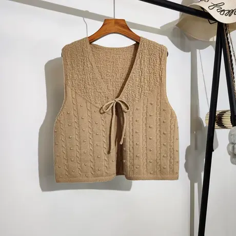系带针织马甲开衫女秋冬新款宽松v领学院风无袖坎肩毛衣背心外穿商品大图
