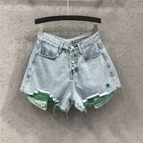 欧货牛仔短裤女春夏时尚新款个性撞色口袋单排扣宽松a字阔腿热裤商品大图