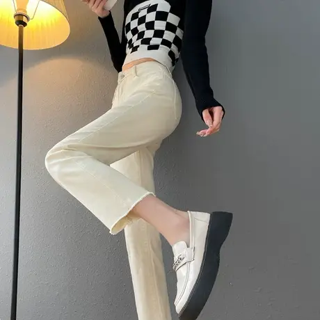 米白色八分直筒牛仔裤女春秋2023年新款高腰显瘦修身小个子烟管裤商品大图