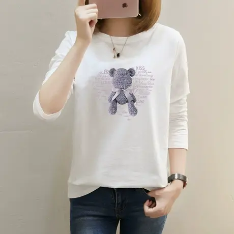 白色t恤女长袖宽松百搭学生上衣2022秋装时尚圆领ins潮打底衫内搭商品大图