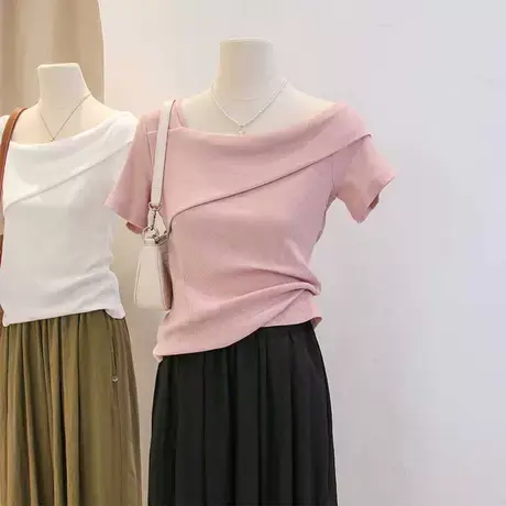 不规则斜领短袖t恤女夏季设计感纯欲风露肩修身显瘦别致短款上衣图片