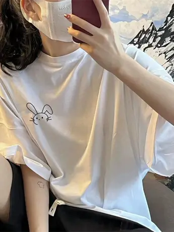 不透白色短袖t恤女夏季仿棉宽松简约字母印花圆领半袖上衣打底衫商品大图