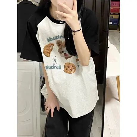 拼色插肩短袖t恤女夏季美式复古纯棉小个子港味chic上衣宽松百搭商品大图