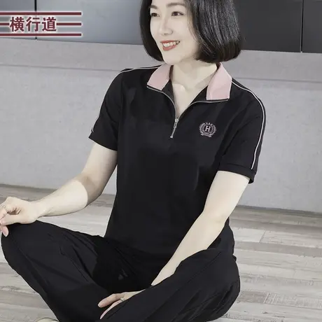 2023夏季新款翻领绣花撞色宽松中年妈妈短袖T恤女装大码外穿上衣商品大图