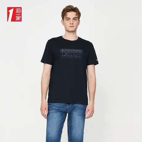 海一家简约字母印花短T2023夏季新款基础休闲圆领男士短袖T恤商品大图
