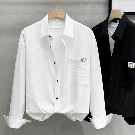 春秋季长袖衬衫男垂感高级感轻熟风休闲肌理拼接衬衣韩版宽松上衣商品大图