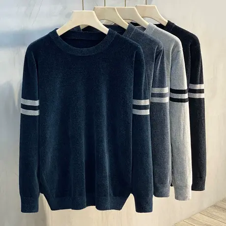 2023秋装季新款针织衫男条纹袖圆领毛衣青年韩版潮流打底衫毛线衫商品大图