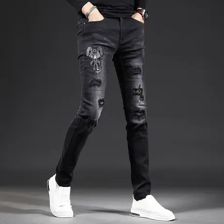 高街刺绣牛仔裤男破洞补丁修身小脚秋冬款2023潮流男士裤子痞帅商品大图