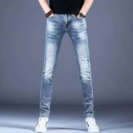 男士紧身弹力牛仔裤男款夏季新款裤子男美式高街修身小脚休闲潮牌商品大图