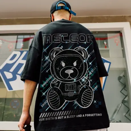 oversize潮牌小熊短袖男潮日系BF风宽松半袖潮流大码T恤夏季新款图片