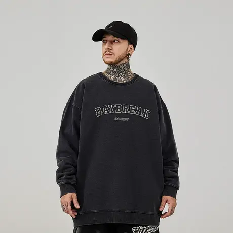 美式复古嘻哈大码圆领卫衣男装加肥加大纯棉重磅水洗做旧高街春秋商品大图