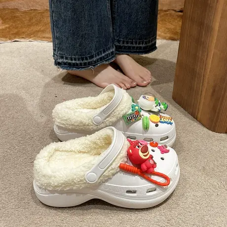 可爱洞洞鞋女秋冬季加绒厚底增高包头棉拖鞋时尚松糕防滑棉鞋外穿商品大图