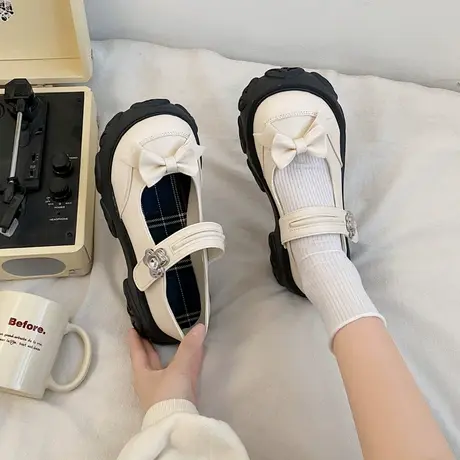 永希学院风粗跟单鞋女2023春季新款蝴蝶结小皮鞋猪腰子玛丽珍女鞋图片