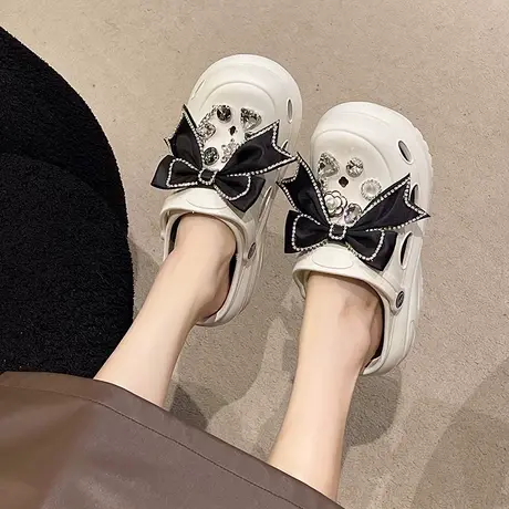 包头可爱蝴蝶结洞洞鞋半拖鞋女2023夏一鞋两穿舒适踩屎感厚底凉拖图片