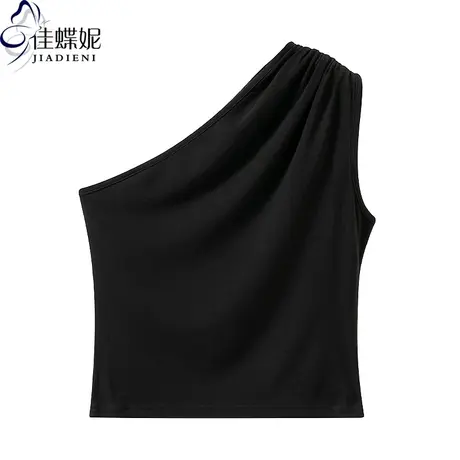 夏季新款斜肩领修身短款纯欲性感辣妹露脐纯棉纯色背心上衣女打底图片