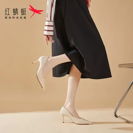 红蜻蜓时装高跟鞋女细跟春季新款真皮尖头网红优雅时尚皮鞋单鞋女商品大图