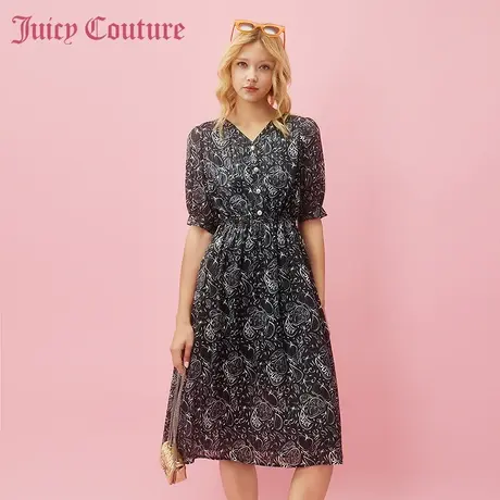 Juicy Couture橘滋2024新款甜味剪影印花V领松紧腰连衣裙图片