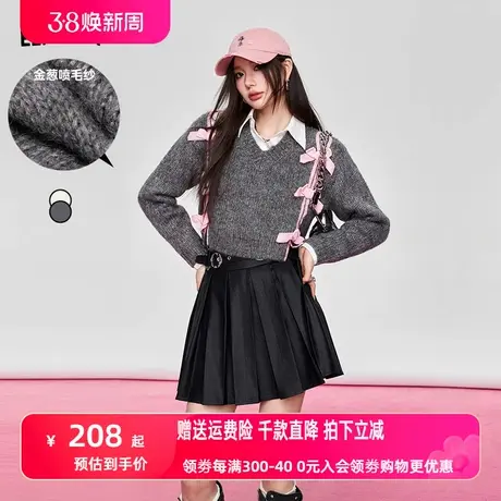 妖精的口袋v领蝴蝶结灰色针织衫女2024早春新款设计感气质毛衣图片