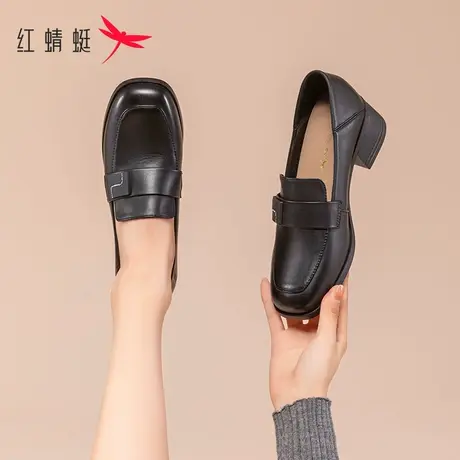 红蜻蜓乐福鞋女中跟2023新款通勤女鞋真皮软底职业小皮鞋粗跟单鞋商品大图