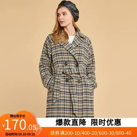 艾格冬季女装休闲羊毛格子中长款毛呢大衣女Y252商品大图