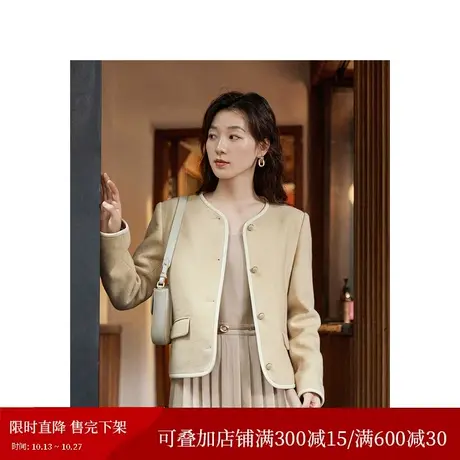 茵曼法式通勤气质小香风短外套2023秋女装新款粗花呢圆领长袖上衣图片