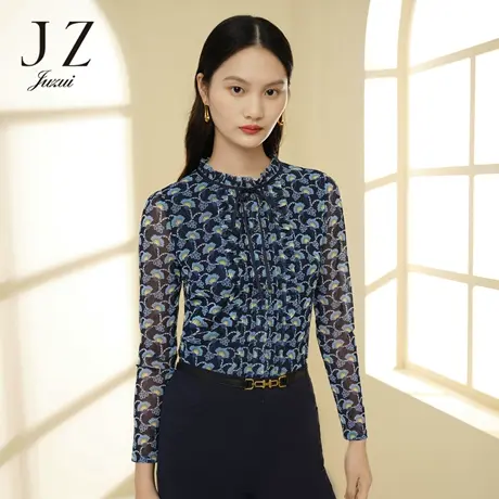 JZ玖姿商场同款蓝色矢车菊网纱小衫女装2023春季新款印花商品大图
