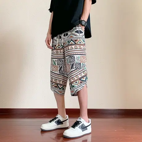冰丝七分裤男夏季薄款宽松中国风条纹短裤男士潮流痞帅哈伦八分裤商品大图