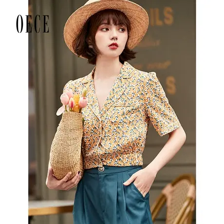 Oece设计感衬衫2022夏装新款女装文艺复古减龄碎花雪纺衫短袖上衣图片