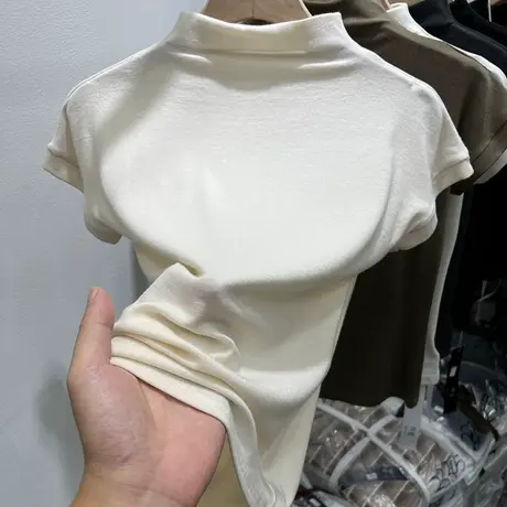 气质半高领柔软短袖T恤女2023早秋新款纯色百搭半袖打底小衫上衣图片