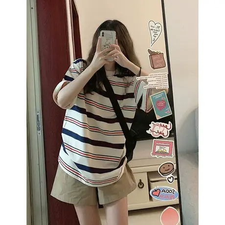 撞色条纹t恤圆领宽松短袖女装春秋内搭打底衫夏季2023年半袖上衣商品大图