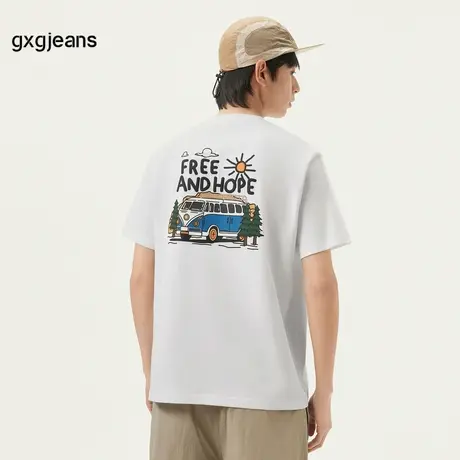 gxg.jeans男装 白色口袋设计后背趣味印花宽松短袖T恤男 25夏新款图片