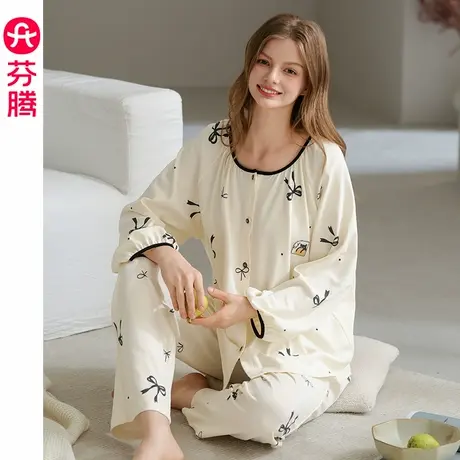 芬腾睡衣女春秋季纯棉圆领开衫套装宽松全棉大码女款蝴蝶结家居服商品大图