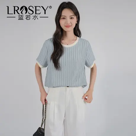 蓝若水大码女装2025夏季新款扭扭条拼色圆领T恤胖MM清新减龄上衣图片