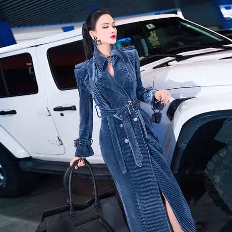 VJE秋冬军装风丝绒大衣女中长款新款双排扣过膝翻领风衣外套图片