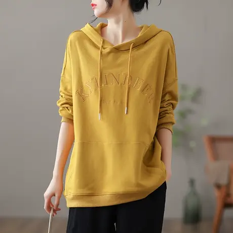 dza 文艺复古纯棉连帽卫衣女士春季休闲上衣新款百搭宽松显瘦长袖图片