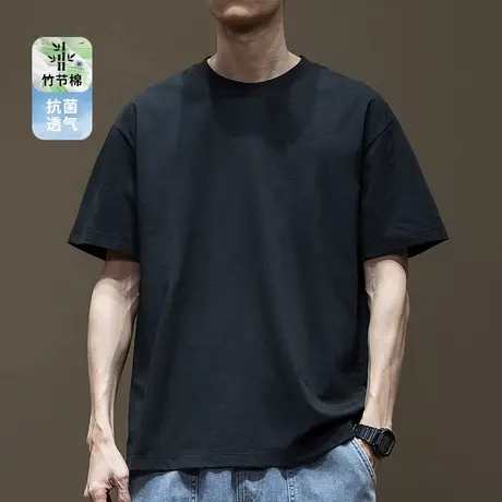 夏季薄款竹节棉纯色简约短袖T恤男2025新款宽松大码情侣半袖体恤商品大图