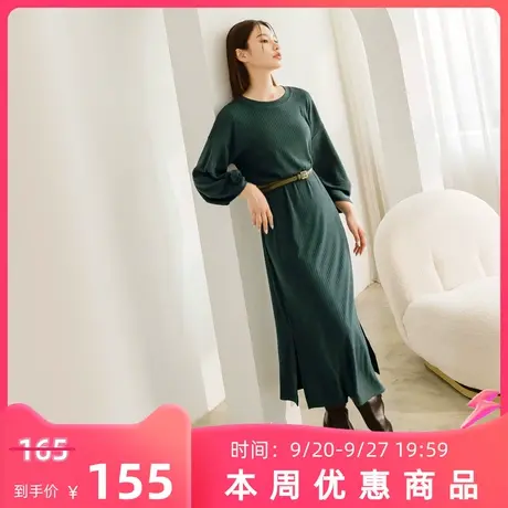 桔熊春秋季垂感宽松连衣裙子女装坑条下摆开衩圆领长裙大码DA9409图片